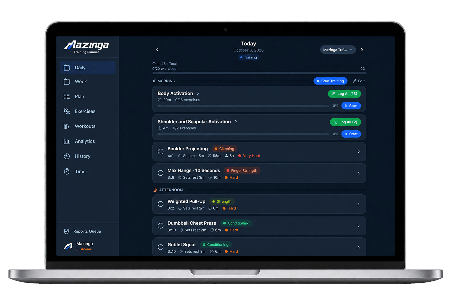 Mazinga daily training view showing scheduled exercises and session planning